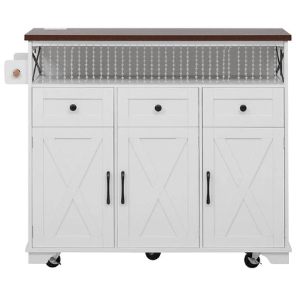 46.5 Farmhouse Kitchen Island w/Beaded Drape, Power Outlet, Drop Leaf, 3 Doors & Drawers, Iron Shelf, Wheels for Kitchen/Dining