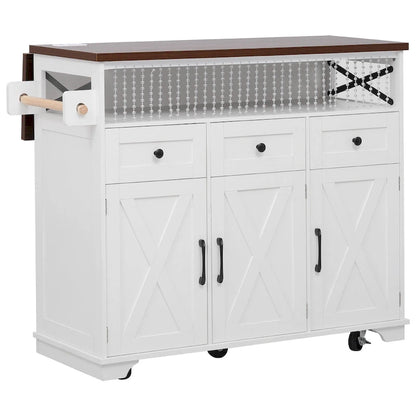 46.5 Farmhouse Kitchen Island w/Beaded Drape, Power Outlet, Drop Leaf, 3 Doors & Drawers, Iron Shelf, Wheels for Kitchen/Dining