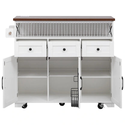 46.5 Farmhouse Kitchen Island w/Beaded Drape, Power Outlet, Drop Leaf, 3 Doors & Drawers, Iron Shelf, Wheels for Kitchen/Dining