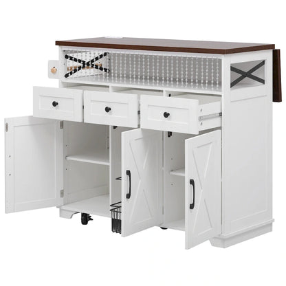 46.5 Farmhouse Kitchen Island w/Beaded Drape, Power Outlet, Drop Leaf, 3 Doors & Drawers, Iron Shelf, Wheels for Kitchen/Dining