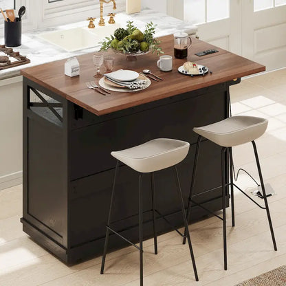 46.5 Farmhouse Kitchen Island w/Beaded Drape, Power Outlet, Drop Leaf, 3 Doors & Drawers, Iron Shelf, Wheels for Kitchen/Dining
