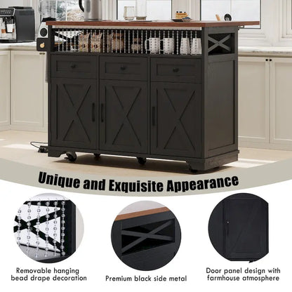 46.5 Farmhouse Kitchen Island w/Beaded Drape, Power Outlet, Drop Leaf, 3 Doors & Drawers, Iron Shelf, Wheels for Kitchen/Dining