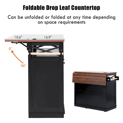 46.5 Farmhouse Kitchen Island w/Beaded Drape, Power Outlet, Drop Leaf, 3 Doors & Drawers, Iron Shelf, Wheels for Kitchen/Dining