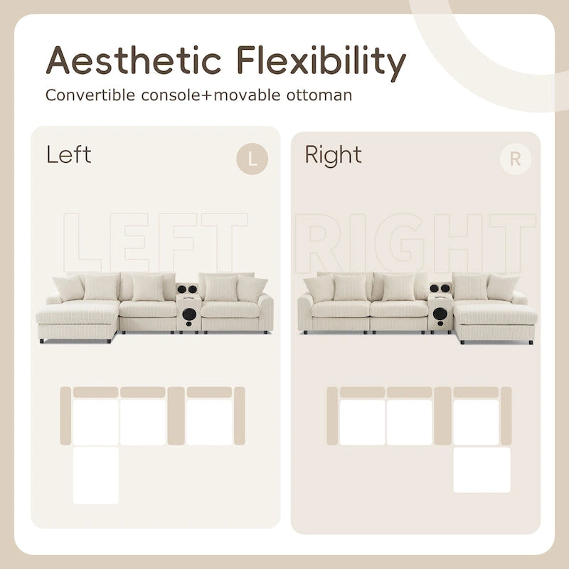 Corduroy Sectional Sofa w/ Bluetooth Speakers, L Shaped Couch