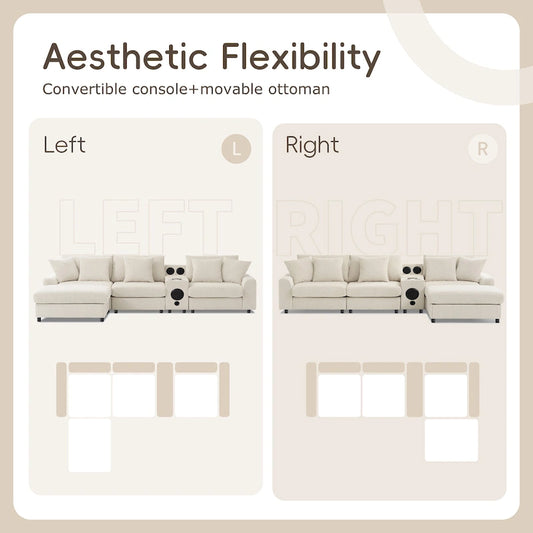 Corduroy Sectional Sofa w/ Bluetooth Speakers, L Shaped Couch