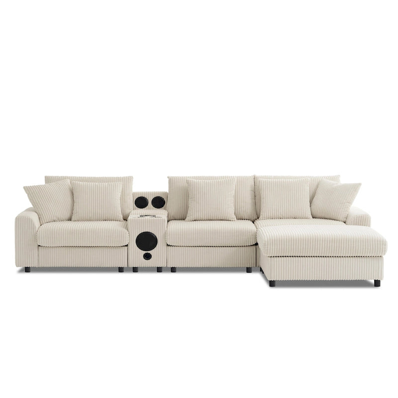 Corduroy Sectional Sofa w/ Bluetooth Speakers, L Shaped Couch