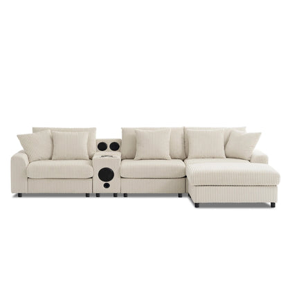 Corduroy Sectional Sofa w/ Bluetooth Speakers, L Shaped Couch