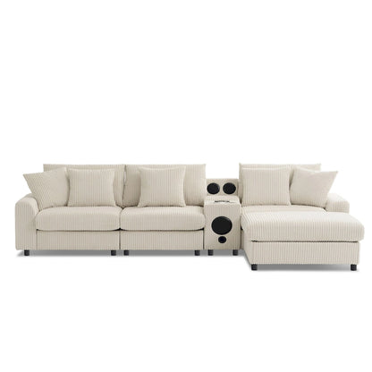 Corduroy Sectional Sofa w/ Bluetooth Speakers, L Shaped Couch