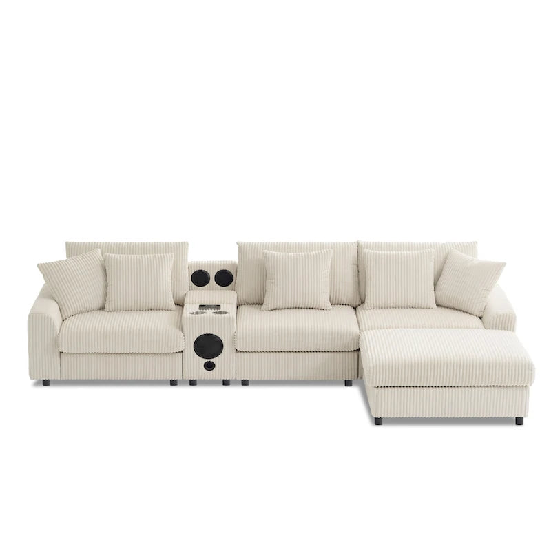 Corduroy Sectional Sofa w/ Bluetooth Speakers, L Shaped Couch