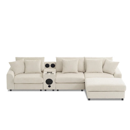 Corduroy Sectional Sofa w/ Bluetooth Speakers, L Shaped Couch