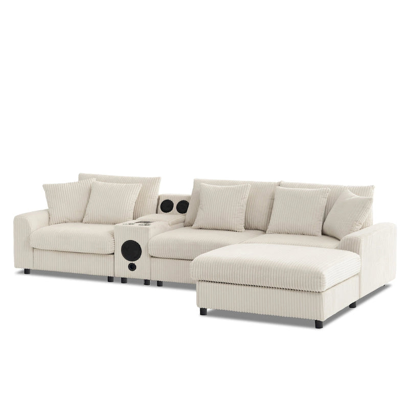 Corduroy Sectional Sofa w/ Bluetooth Speakers, L Shaped Couch