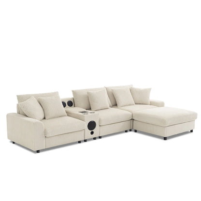 Corduroy Sectional Sofa w/ Bluetooth Speakers, L Shaped Couch