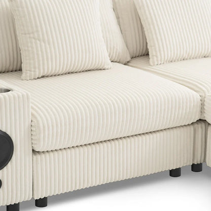 Corduroy Sectional Sofa w/ Bluetooth Speakers, L Shaped Couch