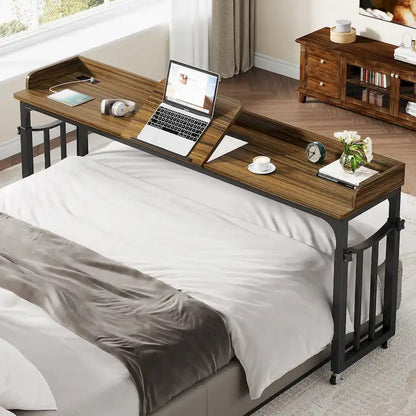 71 inch Overbed Table with Height Adjustable & Power Outlet, Queen Size Bed Table