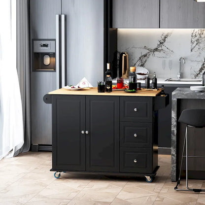 Mobile Kitchen Island with Drop Leaf, Storage Trolley Cart on Wheels, Towel/Spice Rack, 3 Drawers, 2-Door Cabinet