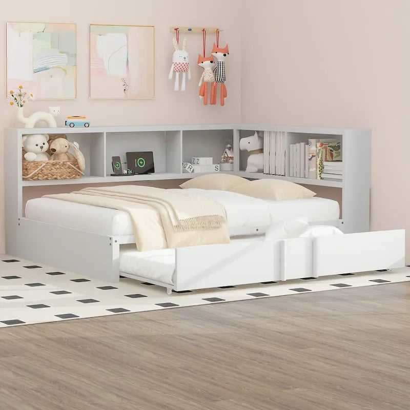 Full Size Metal Daybed with Trundle, Storage Cabinets, USB Ports