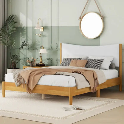 Natural Queen Size Rubber Wooden with Platform Bed Teddy Velvet Cushion Upholstered Headboard