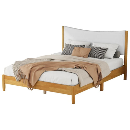 Natural Queen Size Rubber Wooden with Platform Bed Teddy Velvet Cushion Upholstered Headboard