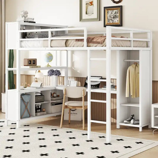 Off White Full Size Metal Loft Bed with Wardrobe And L-shaped Desk, Storage Cubes and Shelves for Kids, Teens, Adults