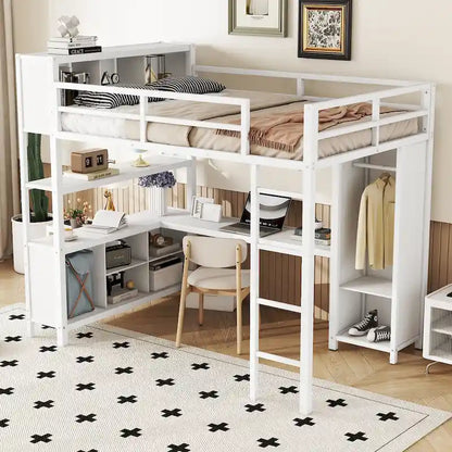 Off-White Metal Loft Bed with Desk and Wardrobe - Full Size