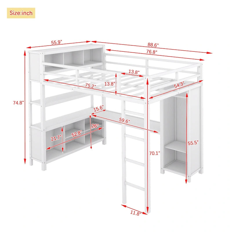 Off-White Metal Loft Bed with Desk and Wardrobe - Full Size