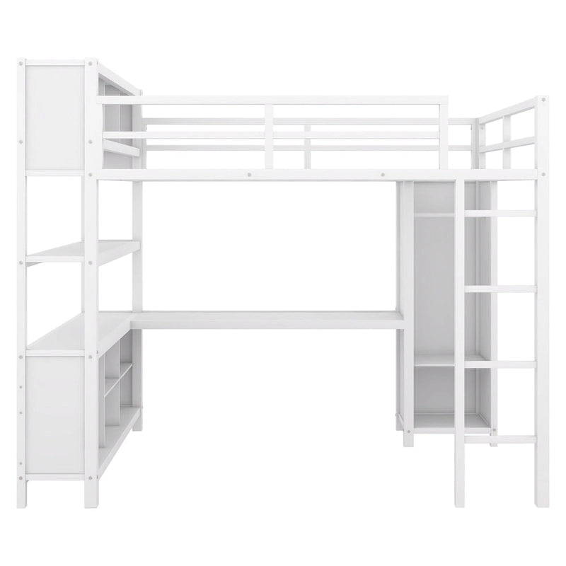Off-White Metal Loft Bed with Desk and Wardrobe - Full Size