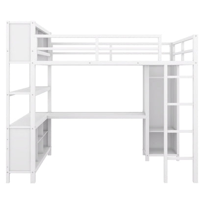 Off-White Metal Loft Bed with Desk and Wardrobe - Full Size