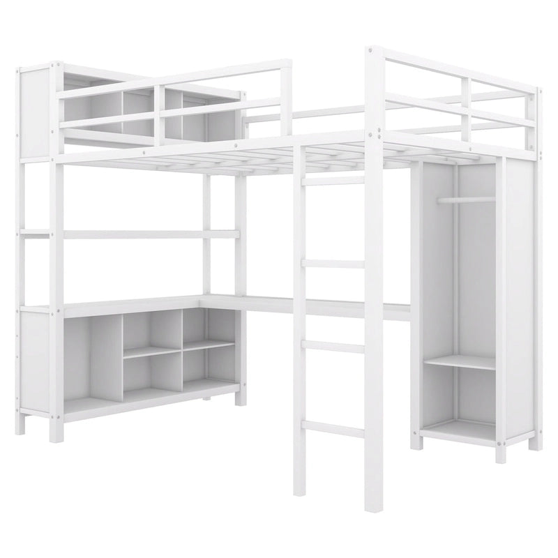 Off-White Metal Loft Bed with Desk and Wardrobe - Full Size