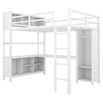 Off-White Metal Loft Bed with Desk and Wardrobe - Full Size