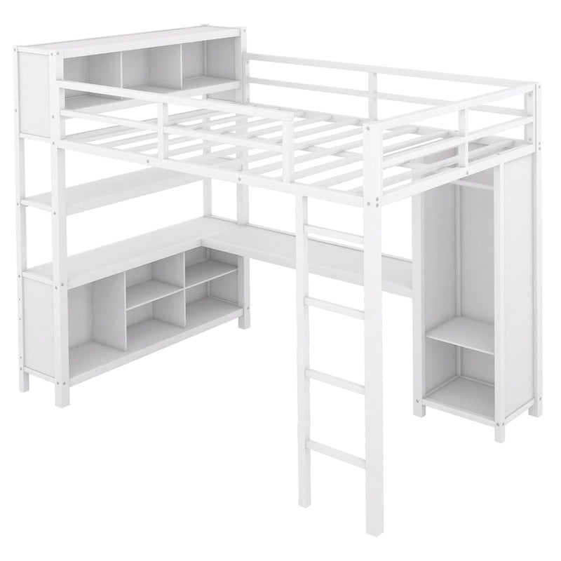 Off-White Metal Loft Bed with Desk and Wardrobe - Full Size