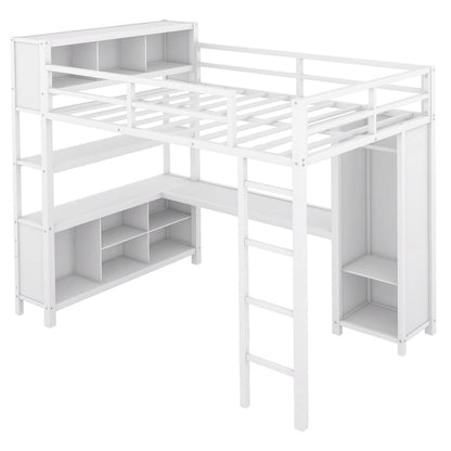 Off-White Metal Loft Bed with Desk and Wardrobe - Full Size