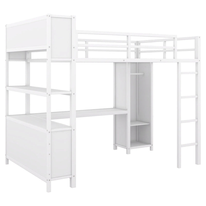 Off-White Metal Loft Bed with Desk and Wardrobe - Full Size