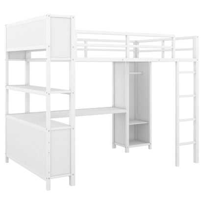 Off-White Metal Loft Bed with Desk and Wardrobe - Full Size
