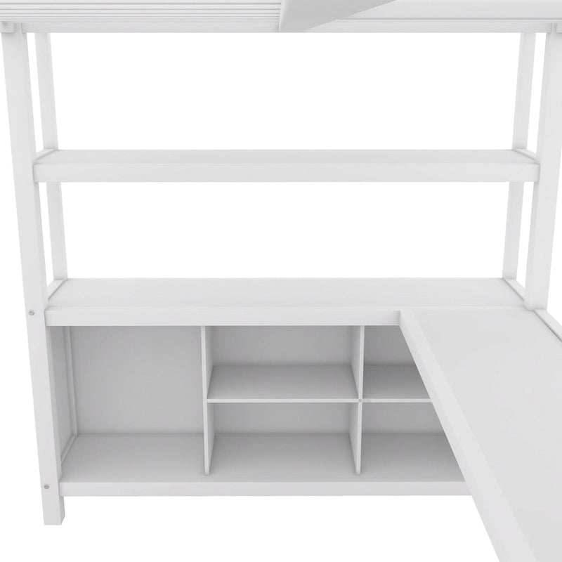 Off-White Metal Loft Bed with Desk and Wardrobe - Full Size