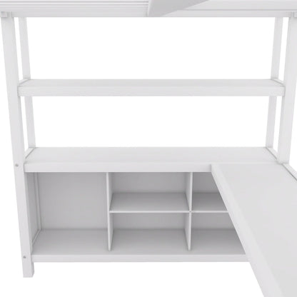 Off-White Metal Loft Bed with Desk and Wardrobe - Full Size