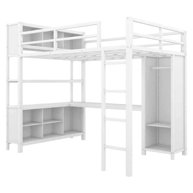 Off-White Metal Loft Bed with Desk and Wardrobe - Full Size