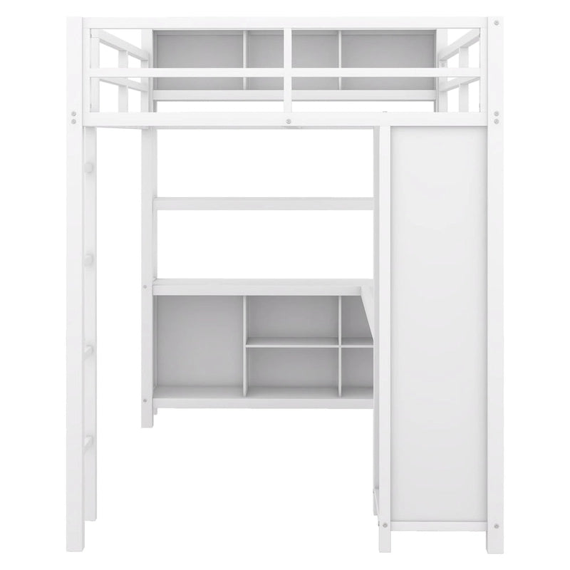 Off-White Metal Loft Bed with Desk and Wardrobe - Full Size