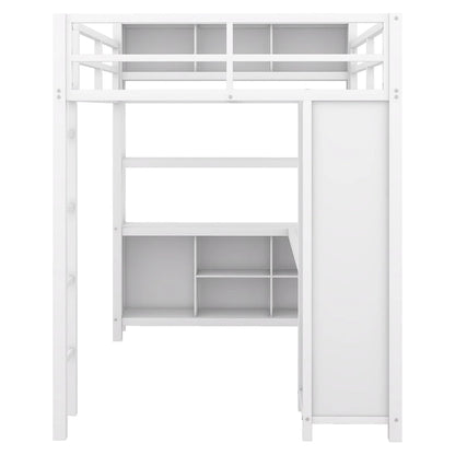 Off-White Metal Loft Bed with Desk and Wardrobe - Full Size