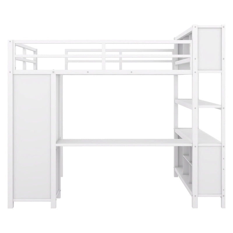 Off-White Metal Loft Bed with Desk and Wardrobe - Full Size