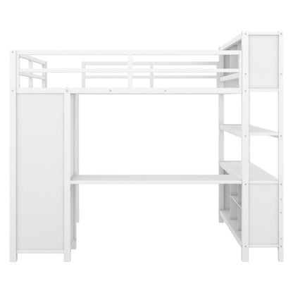 Off-White Metal Loft Bed with Desk and Wardrobe - Full Size