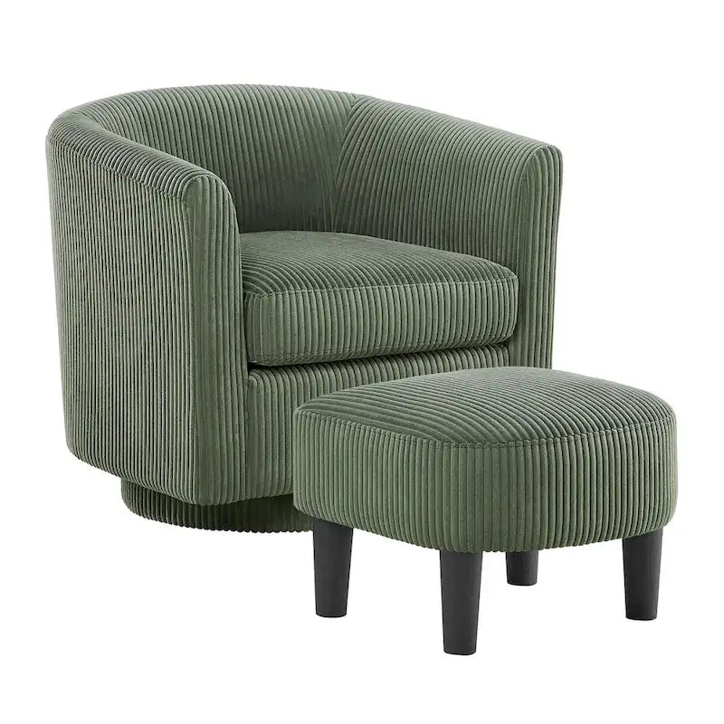 Green Corduroy Swivel Chair with Ottoman - Single Seat