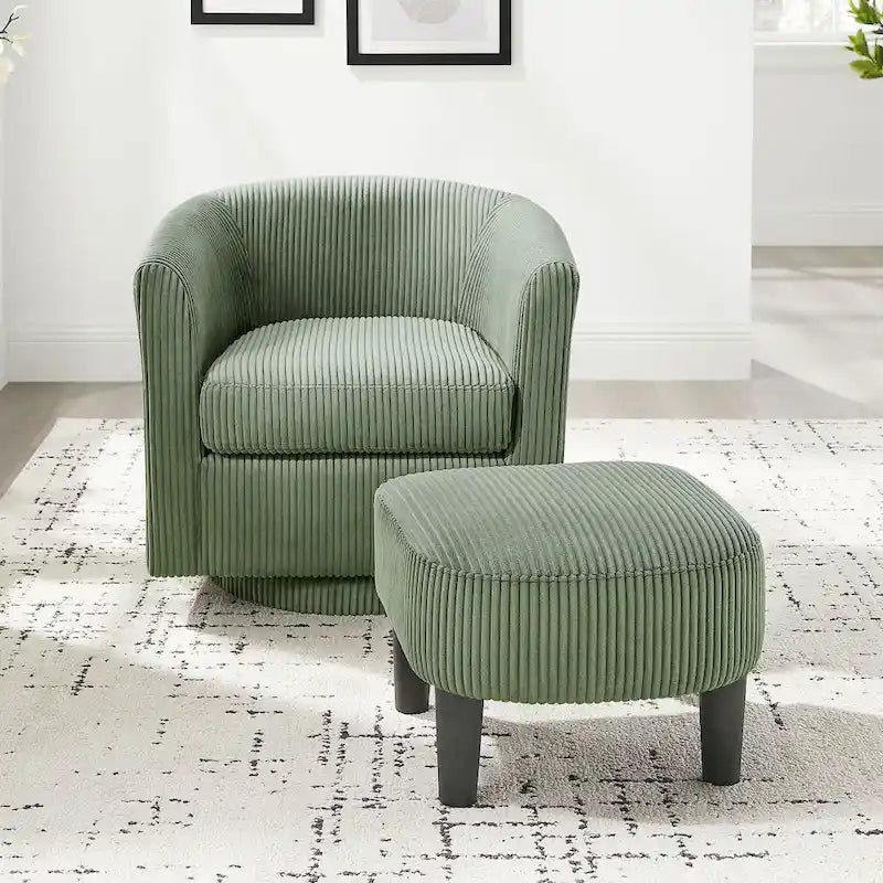 Green Corduroy Swivel Chair with Ottoman - Single Seat