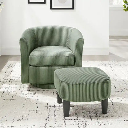 Green Corduroy Swivel Chair with Ottoman - Single Seat