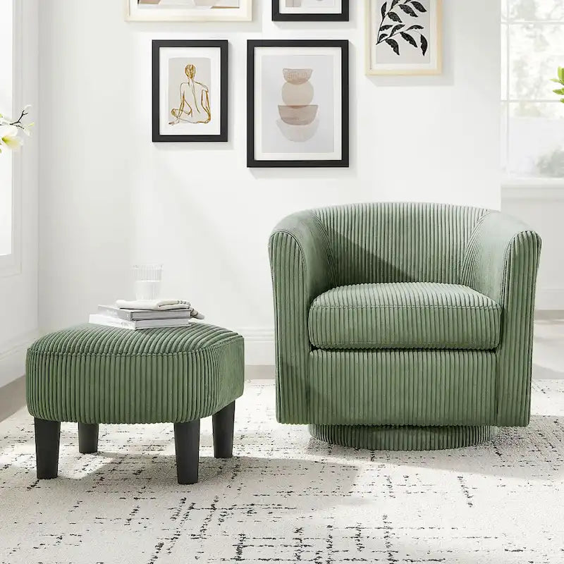 Green Corduroy Swivel Chair with Ottoman - Single Seat