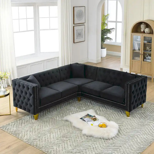 Black 82.2  Velvet Chesterfield L-Shaped 5-Seater Sectional Sofa with Nailhead Trim, Metal Legs, and Tufted Cushions