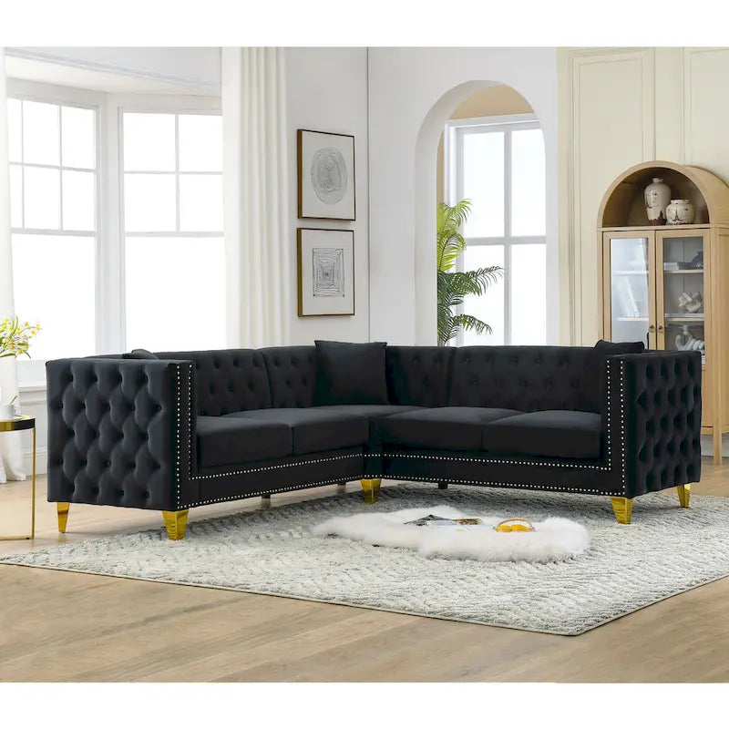 Black Velvet Chesterfield 5-Seater L-Shaped Sectional Sofa