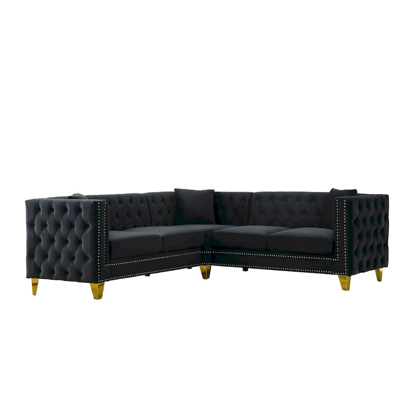Black Velvet Chesterfield 5-Seater L-Shaped Sectional Sofa