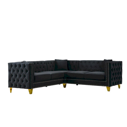 Black Velvet Chesterfield 5-Seater L-Shaped Sectional Sofa