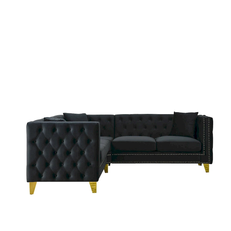 Black Velvet Chesterfield 5-Seater L-Shaped Sectional Sofa