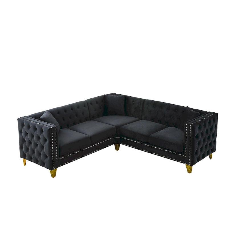 Black Velvet Chesterfield 5-Seater L-Shaped Sectional Sofa